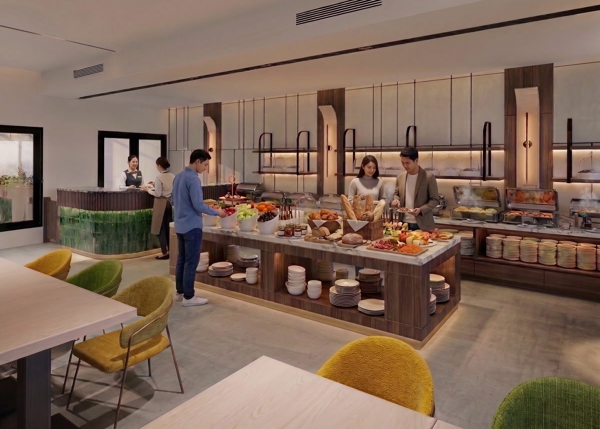 Buffet table BUFFET RESTO HOTEL dengan nuansa interior Contemporary dan tata ruang yang rapi.