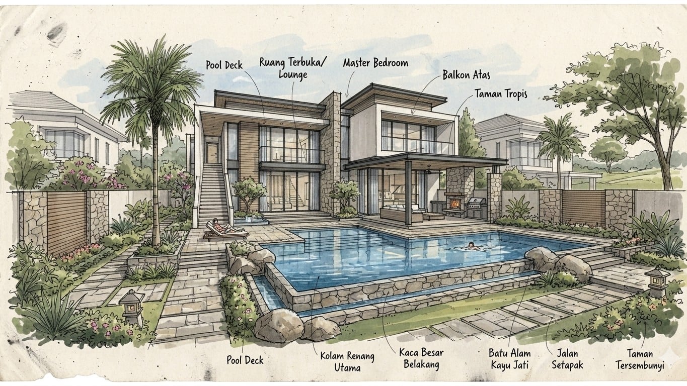 Sketsa konsep BUKIT DARMO GOLF MANSION dengan nuansa interior Contemporary dan tata ruang yang rapi.