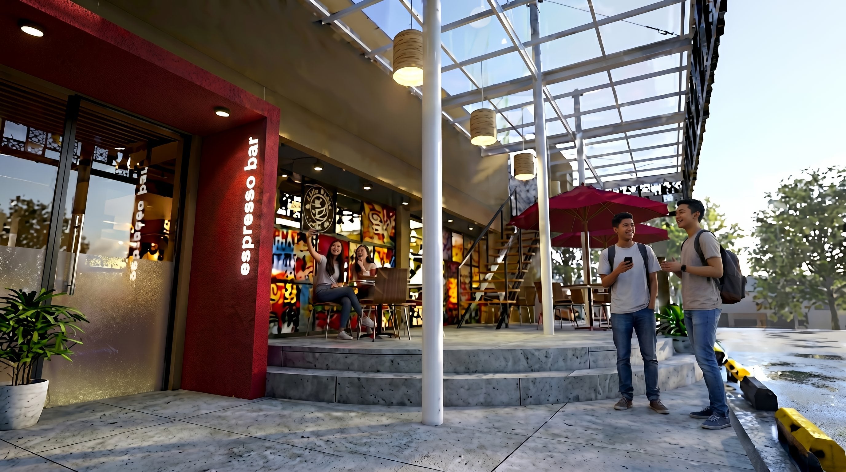 Area Fasad dan Area teras COFFEE BEAN KAREBOSI MAKASAR dengan pendekatan interior Minimalist.