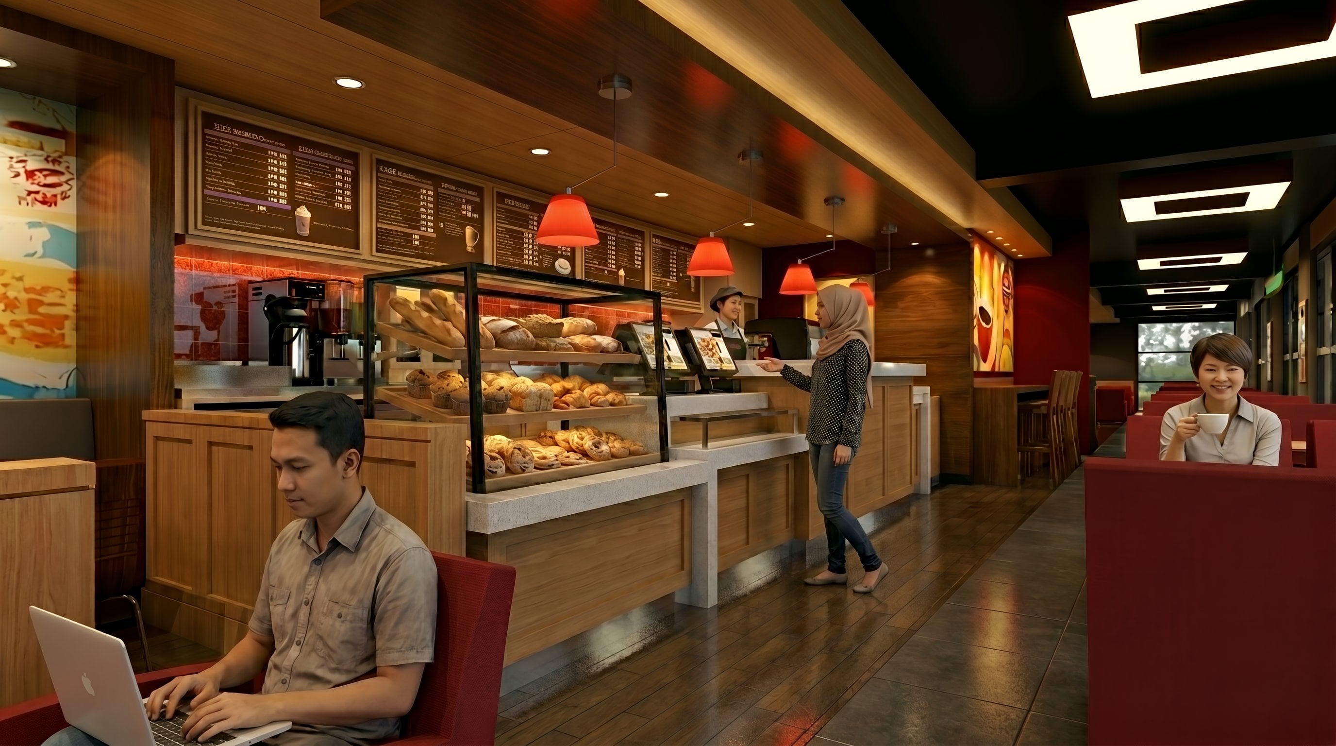 Area Area cafe dan Area counter COFFEE BEAN KAREBOSI MAKASAR dengan pendekatan interior Minimalist.