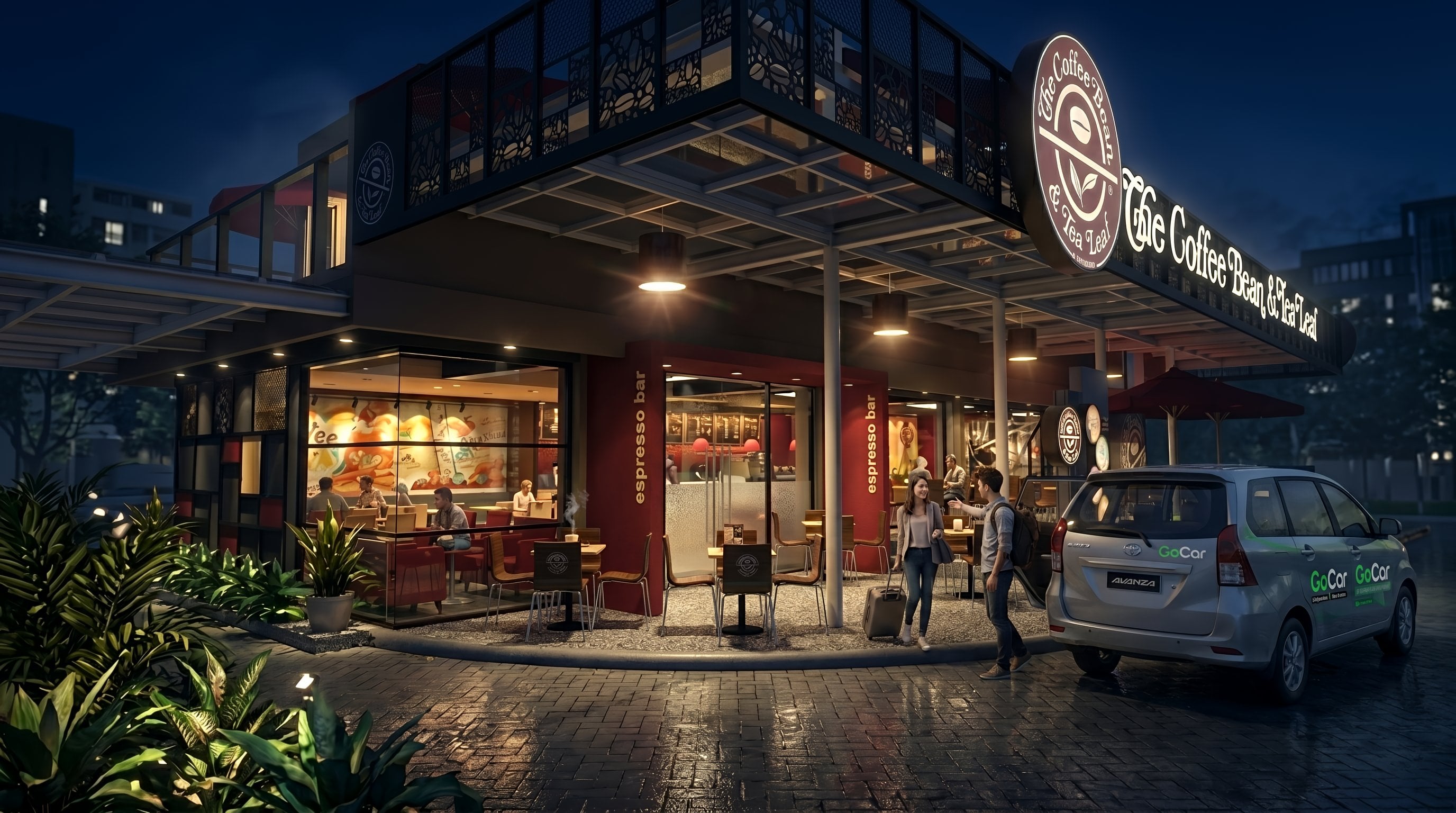 Area Fasad dan Area teras COFFEE BEAN KAREBOSI MAKASAR dengan pendekatan interior Minimalist.
