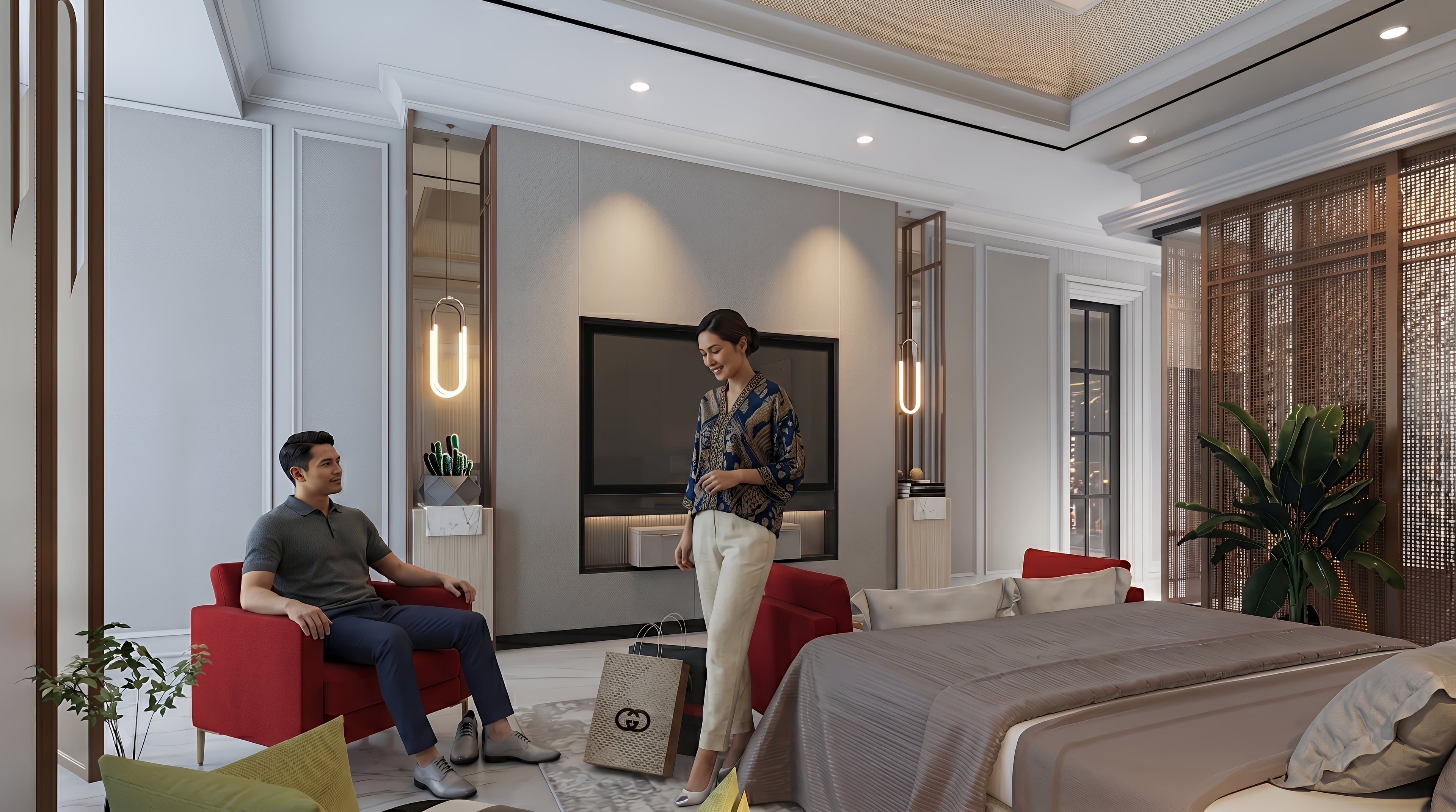 Tv wall HALIM'S MASTER BEDROOM dengan nuansa interior Contemporary dan tata ruang yang rapi.