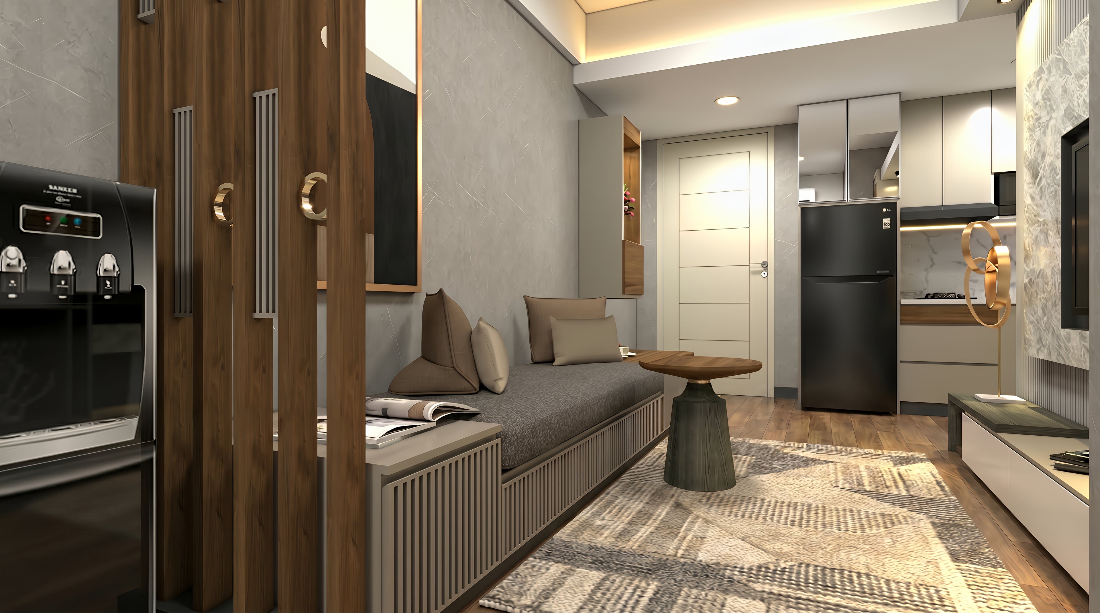 Area Ruang keluarga dan Sofa bench HANDERSON'S APP dengan pendekatan interior Minimalist.