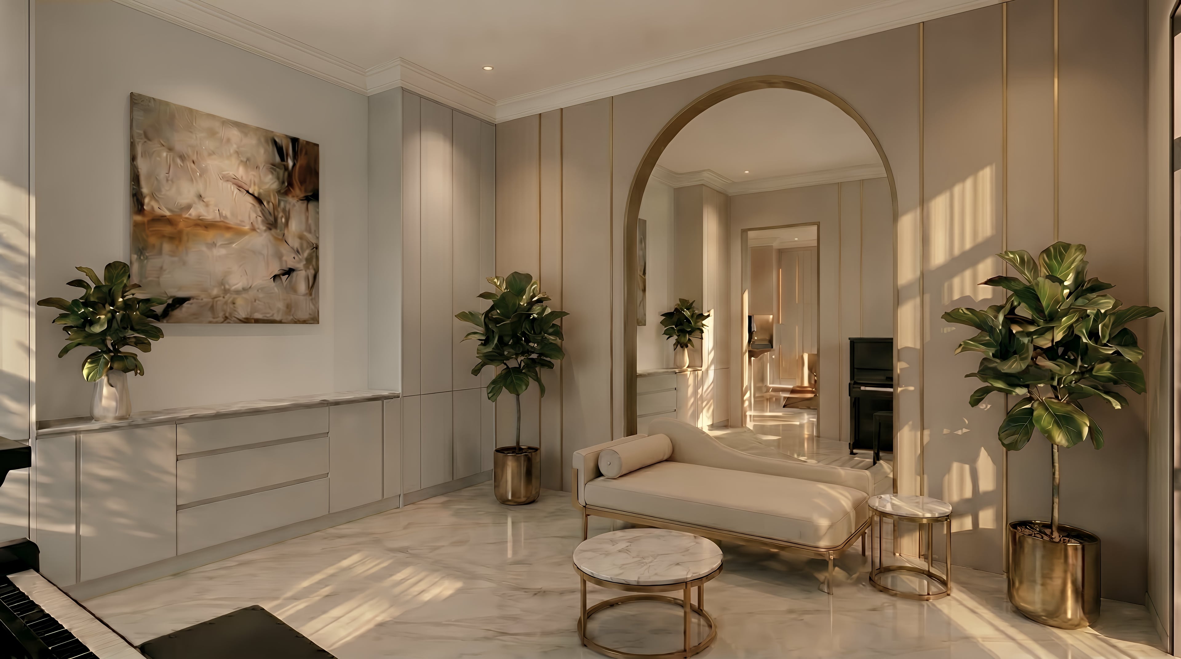 Ruang tamu HARMONY MEWAH SERENITY RESIDENCE dengan nuansa interior Luxury dan tata ruang yang rapi.