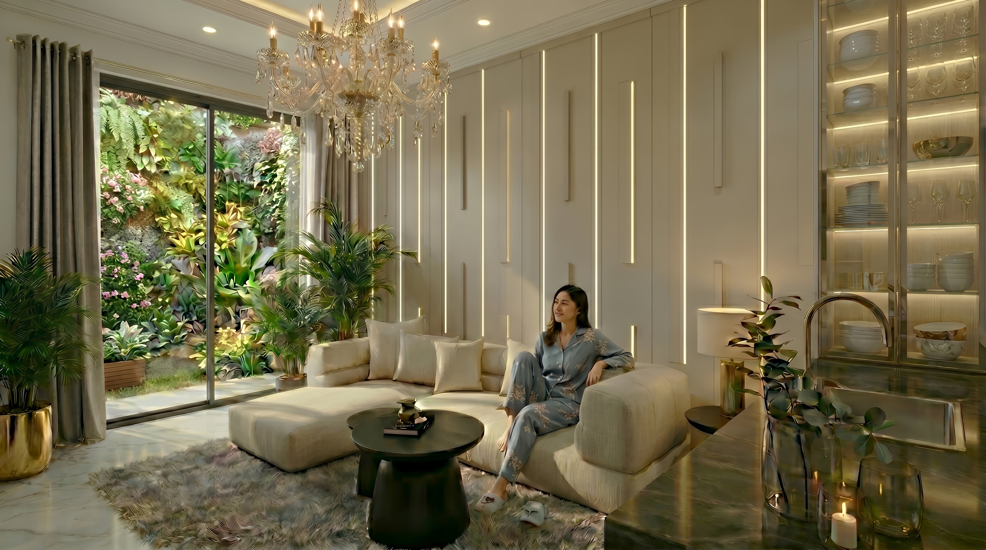 Ruang keluarga HARMONY MEWAH SERENITY RESIDENCE dengan nuansa interior Luxury dan tata ruang yang rapi.