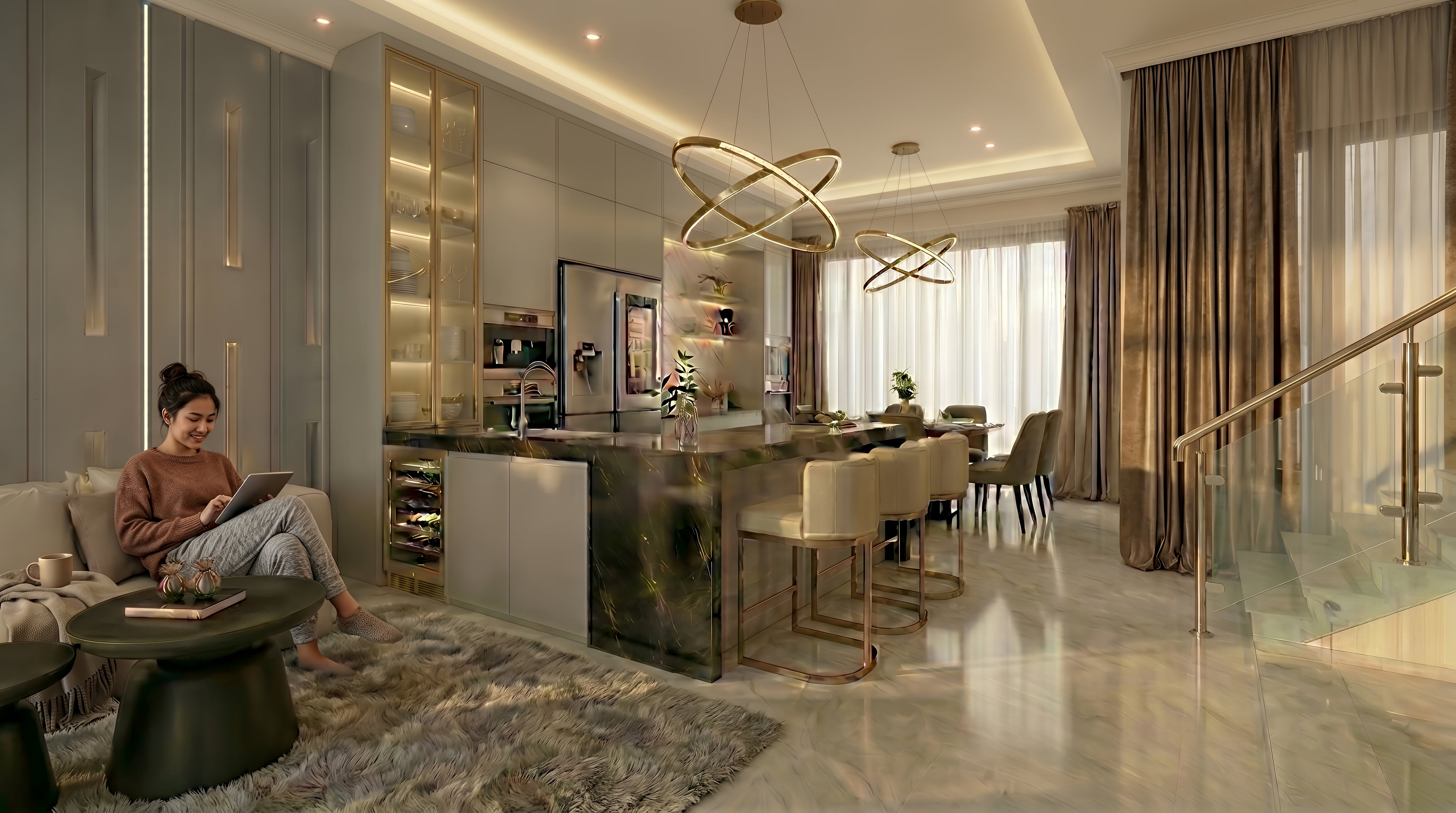 Area Ruang keluarga dan Kitchen HARMONY MEWAH SERENITY RESIDENCE dengan pendekatan interior Luxury.