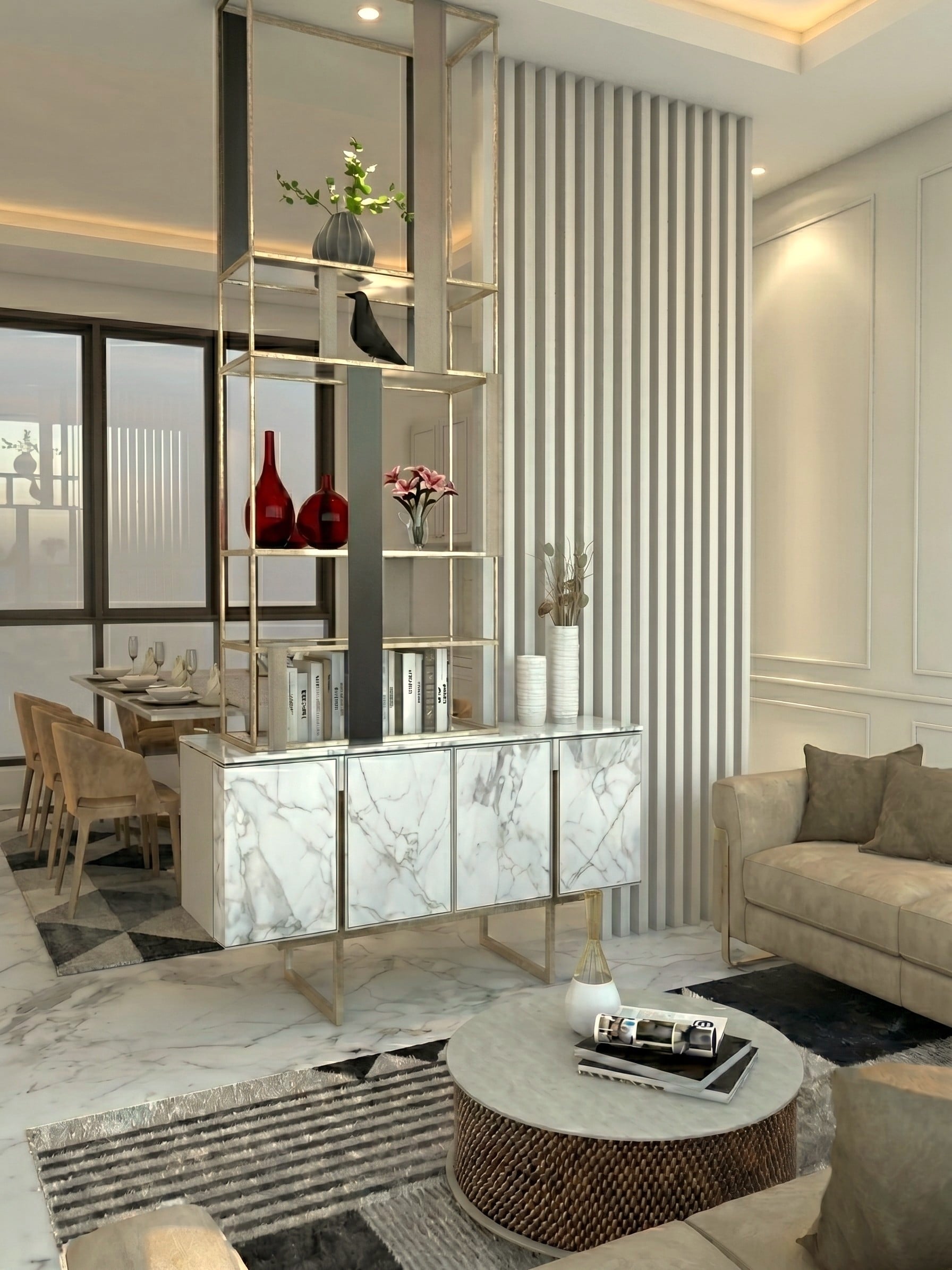 Area Ruang keluarga dan Devider KEMEWAHAN LEMBUT DALAM HUNIAN MODERN dengan pendekatan interior Contemporary.