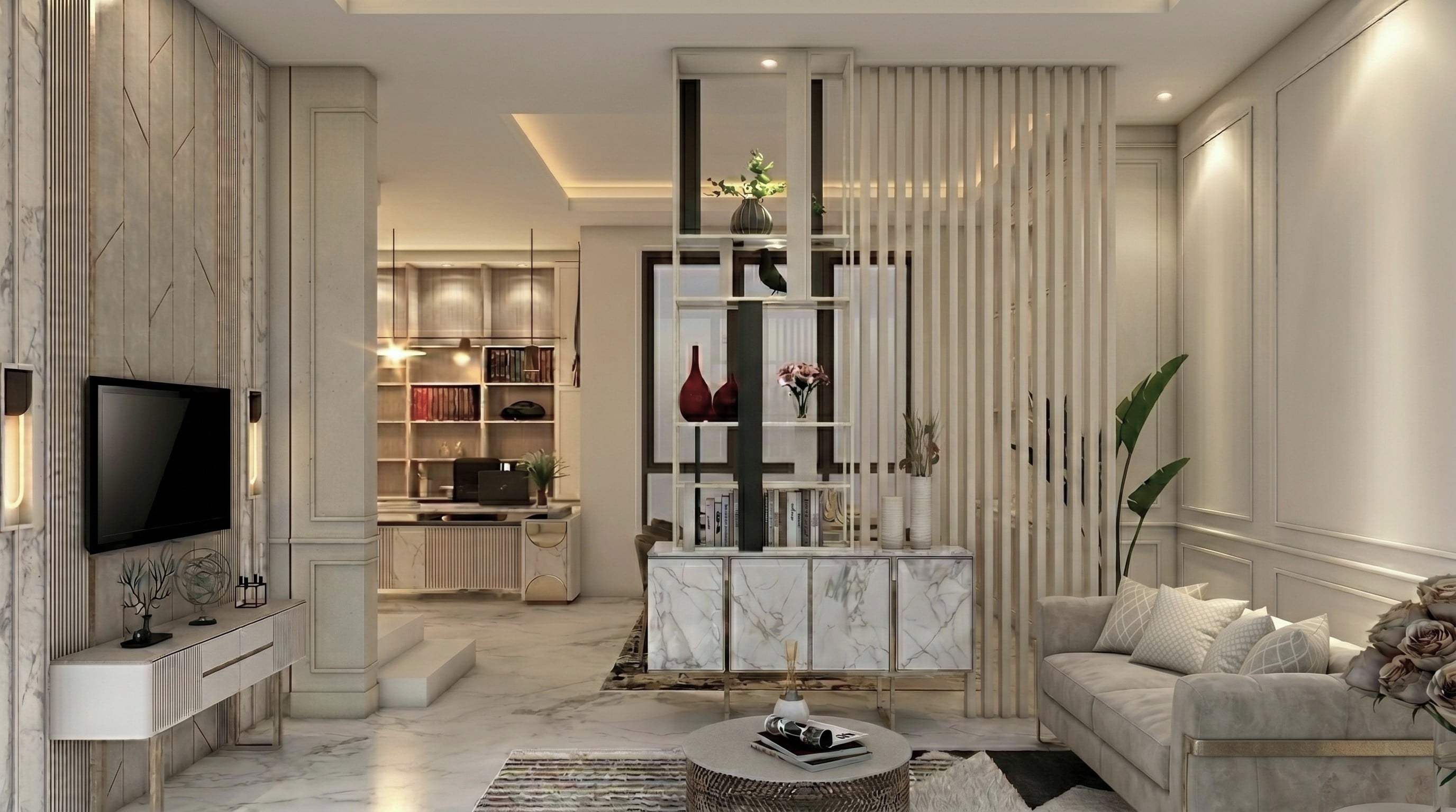 Area Ruang keluarga dan Tv wall KEMEWAHAN LEMBUT DALAM HUNIAN MODERN dengan pendekatan interior Contemporary.