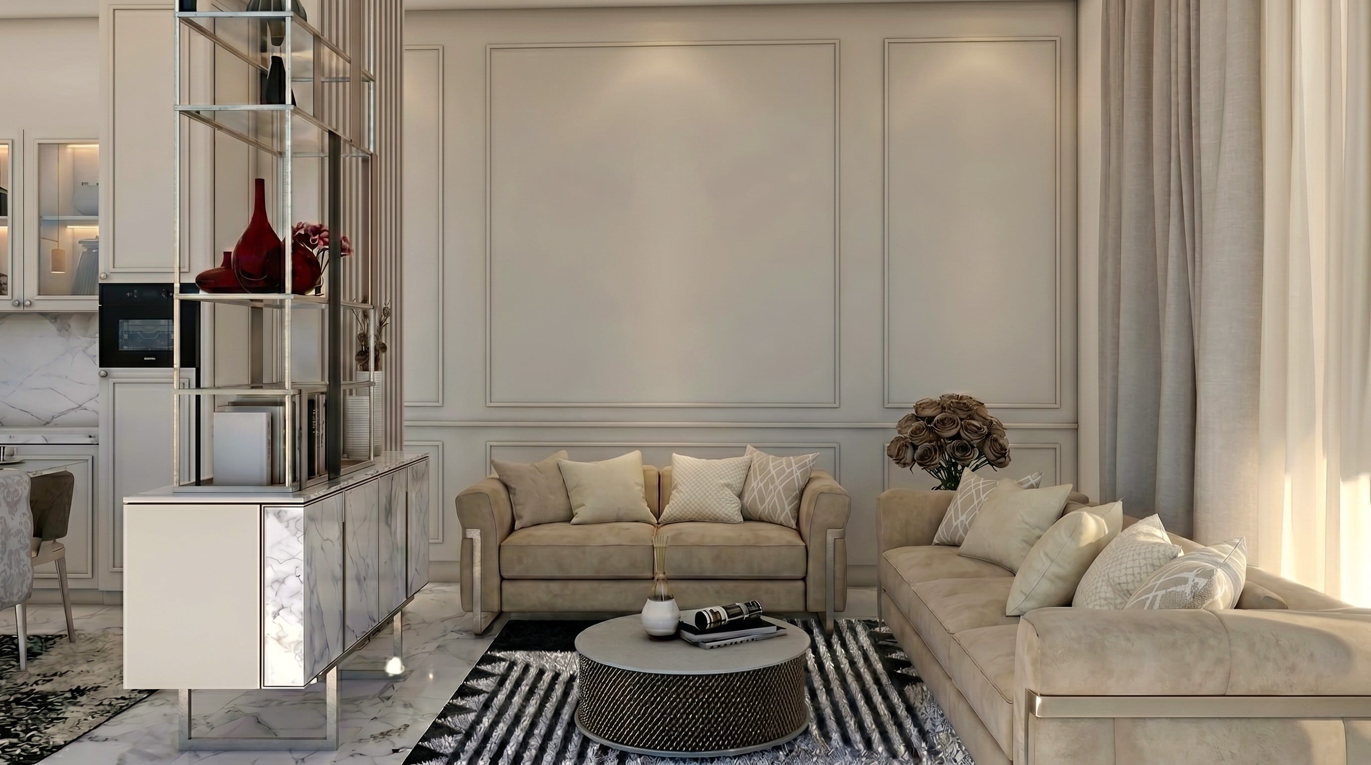 Ruang keluarga KEMEWAHAN LEMBUT DALAM HUNIAN MODERN dengan nuansa interior Contemporary dan tata ruang yang rapi.