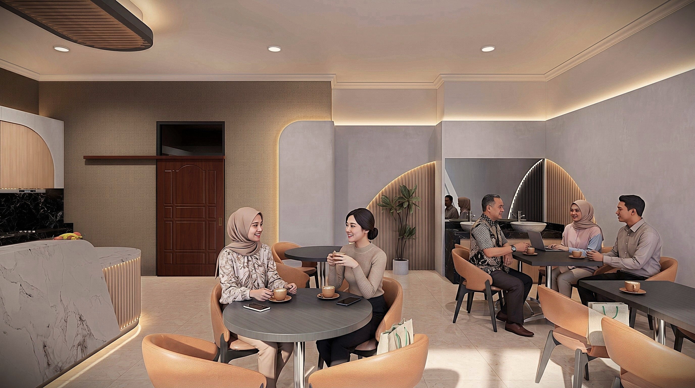 Area Lobby dan Ruang tunggu KLINIK KECANTIKAN & CAFE TRUNOJOYO dengan pendekatan interior Contemporary.