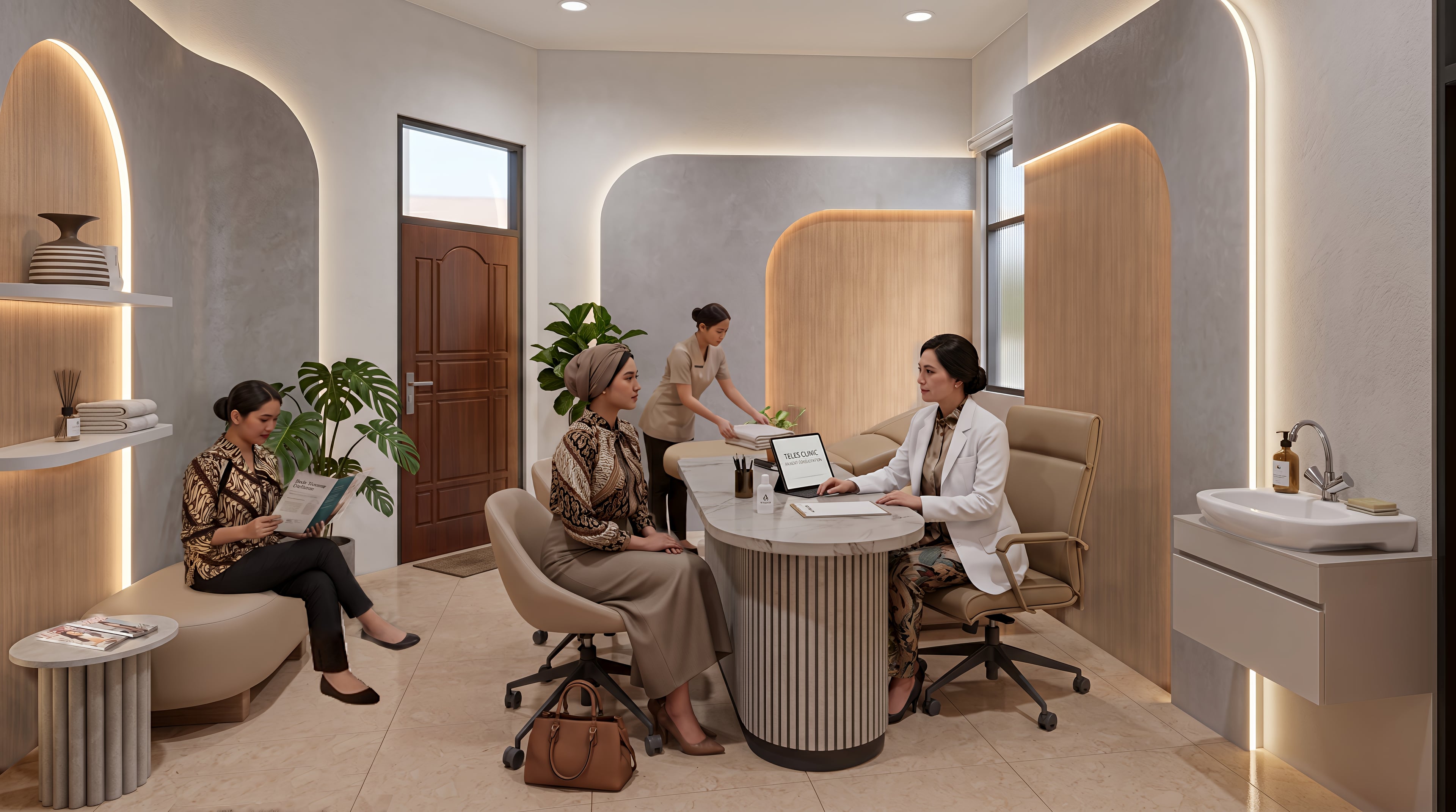 Area Ruang konsultasi dan Ruang treatment KLINIK KECANTIKAN & CAFE TRUNOJOYO dengan pendekatan interior Contemporary.
