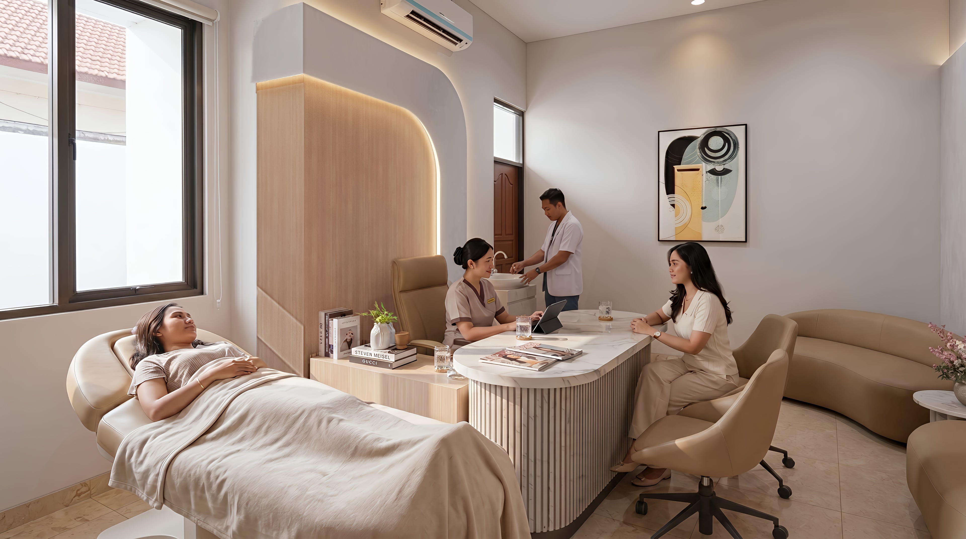Area Ruang konsultasi dan Ruang treatment KLINIK KECANTIKAN & CAFE TRUNOJOYO dengan pendekatan interior Contemporary.