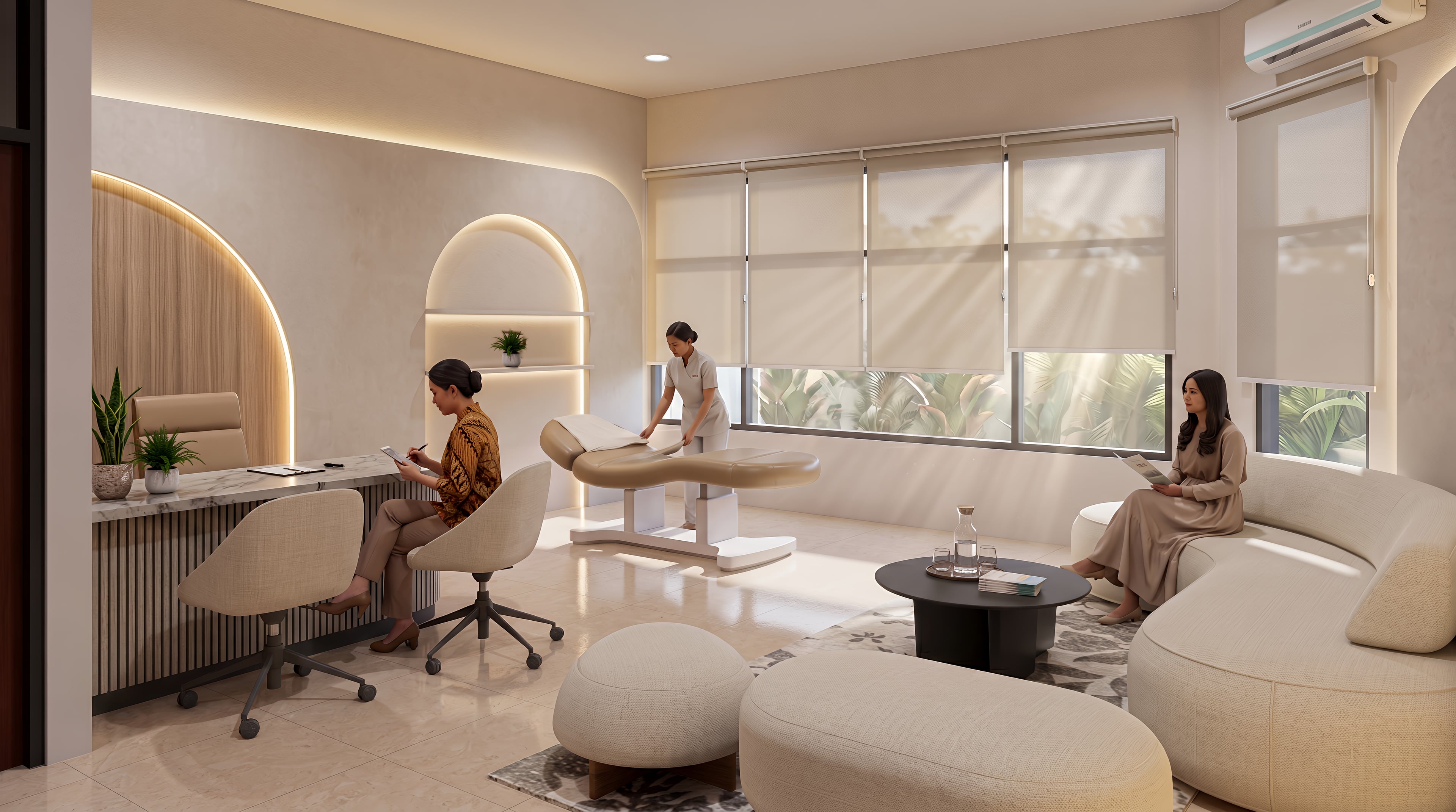 Area Ruang konsultasi dan Ruang treatment KLINIK KECANTIKAN & CAFE TRUNOJOYO dengan pendekatan interior Contemporary.
