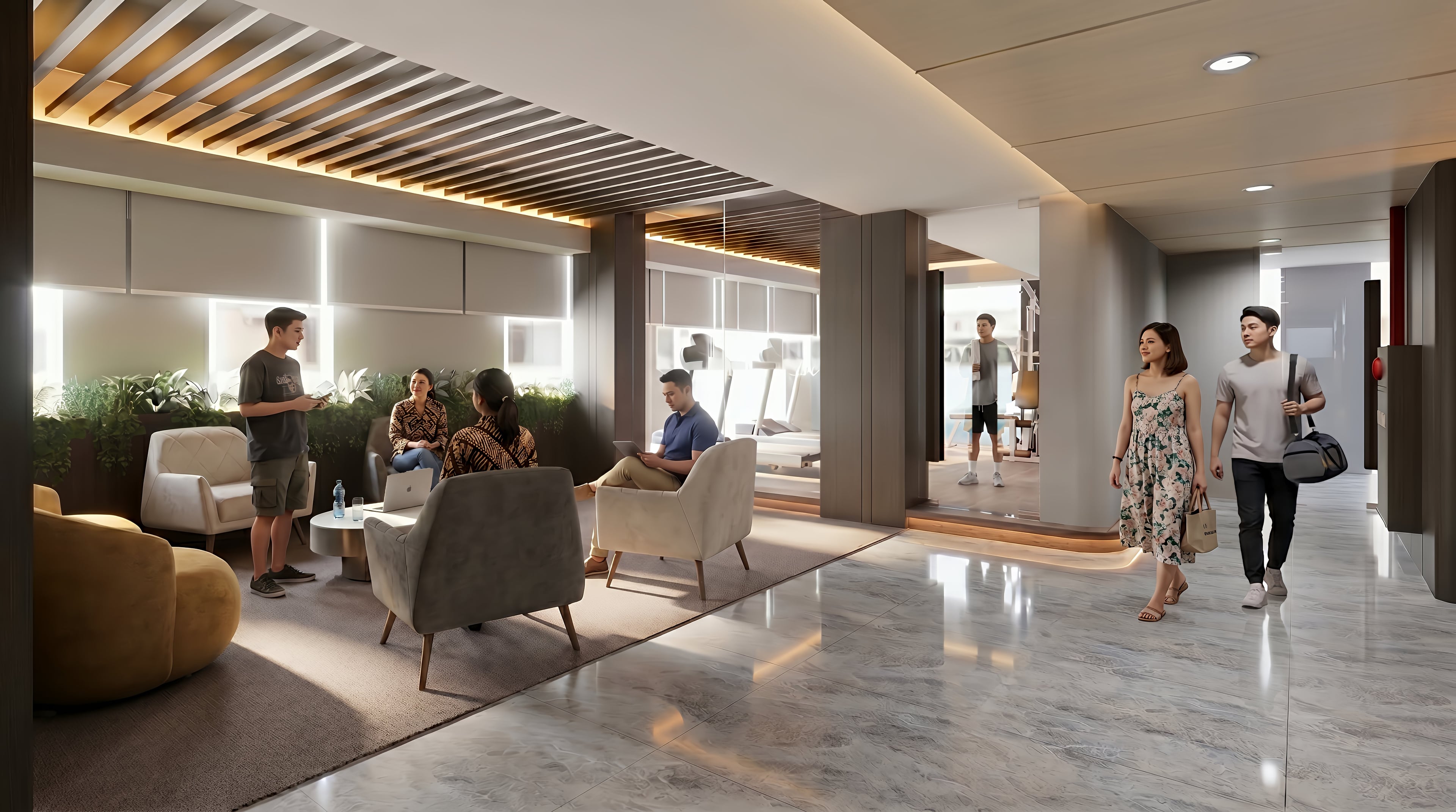 Area Lounge area dan Gym area LOBBY LANTAI 6 dengan pendekatan interior Modern.