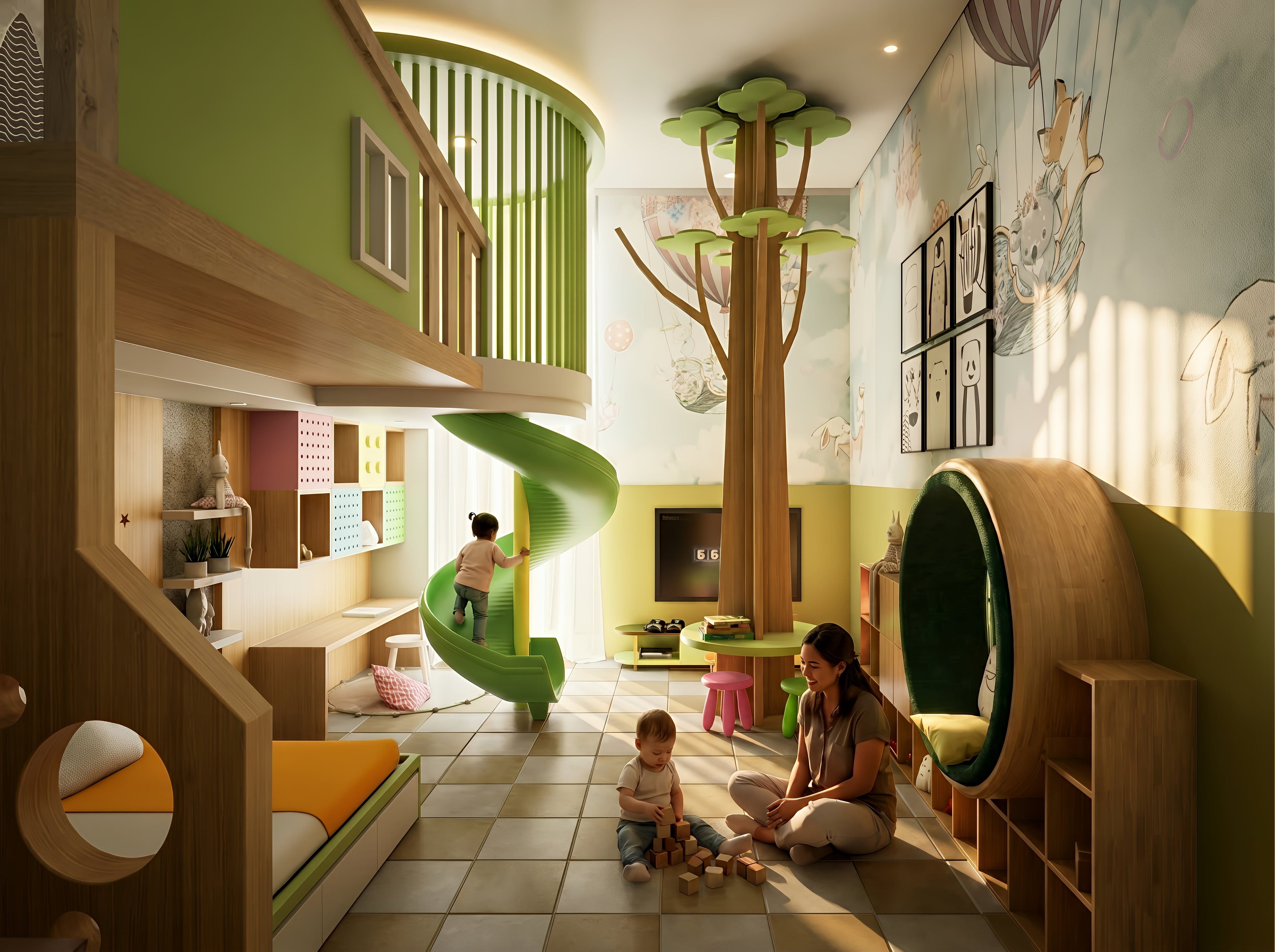 Bunk bed PLAYROOM dengan nuansa interior Modern dan tata ruang yang rapi.