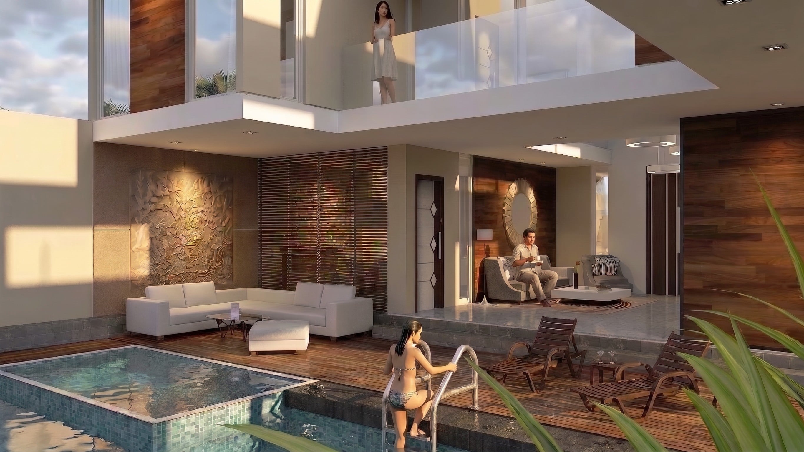 Area Ruang keluarga dan Kolam renang RONDANG'S HOUSE BALIKPAPAN dengan pendekatan interior Modern.