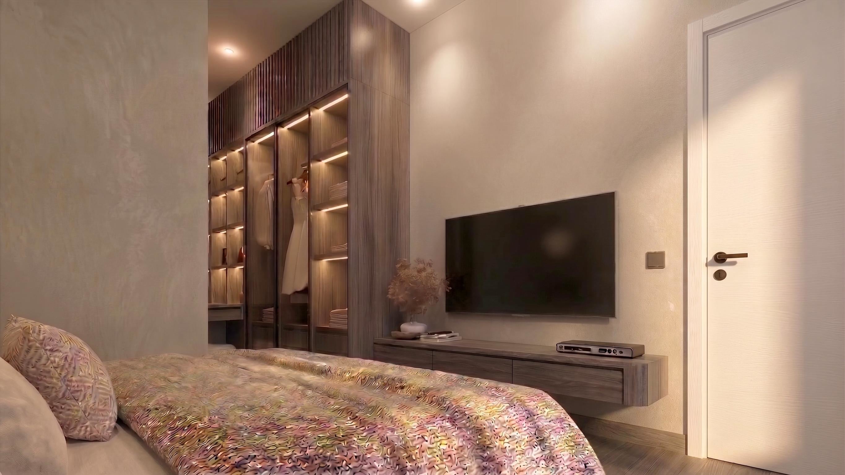 Area Kamar tidur dan Wardrobe RUMAH DARMO PERMAI dengan pendekatan interior Japandi.