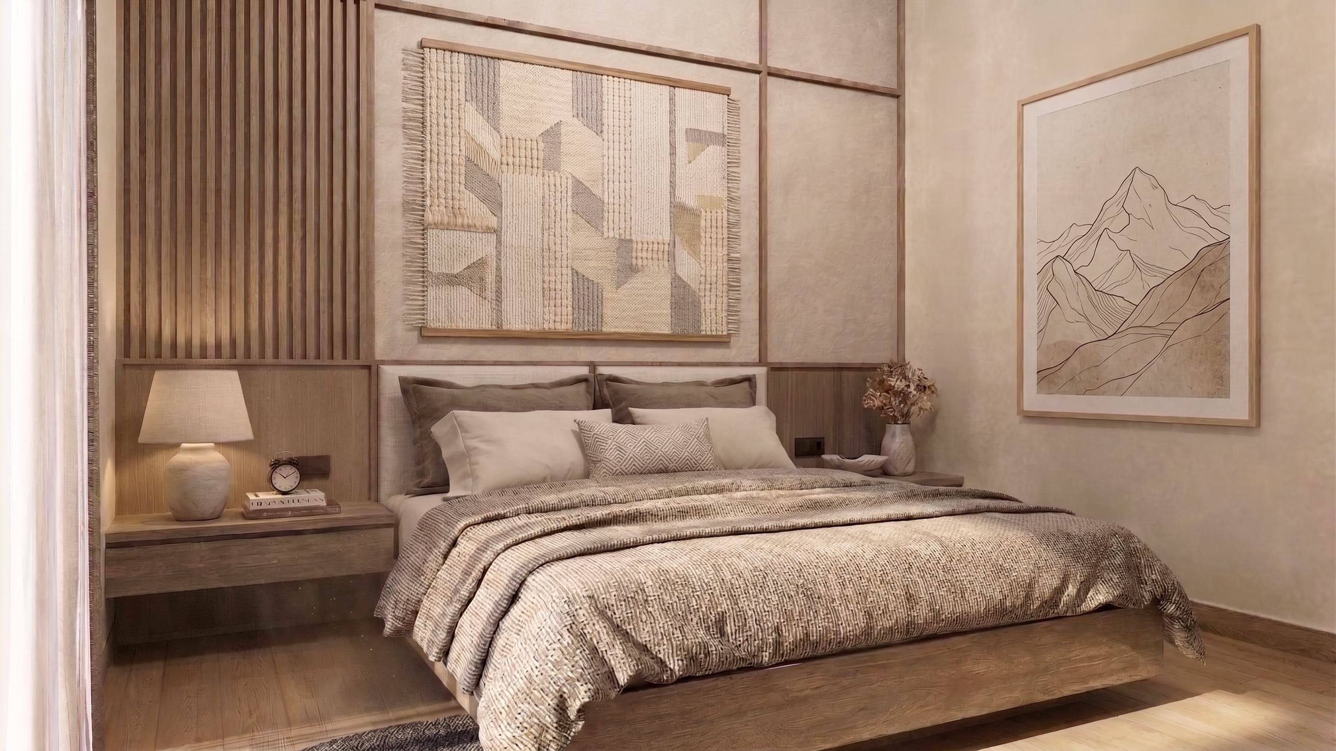 Kamar tidur RUMAH DARMO PERMAI dengan nuansa interior Japandi dan tata ruang yang rapi.