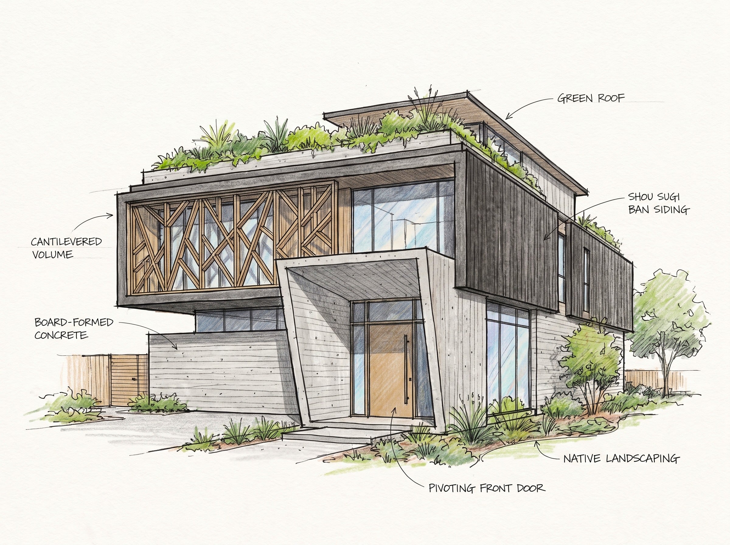 Sketsa fasad RUMAH KAYU MODERN dengan nuansa interior Contemporary dan tata ruang yang rapi.