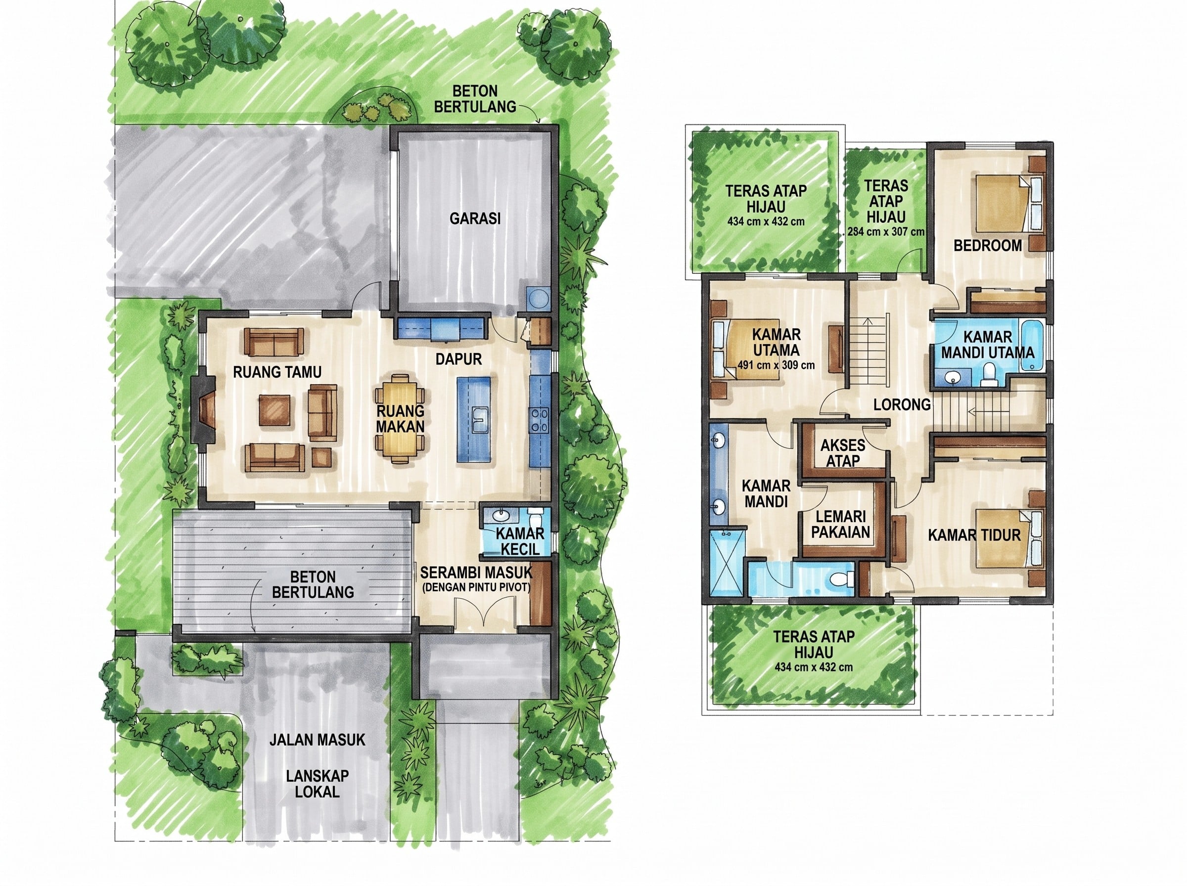 Area Floor plan dan Layout plan RUMAH KAYU MODERN dengan pendekatan interior Contemporary.