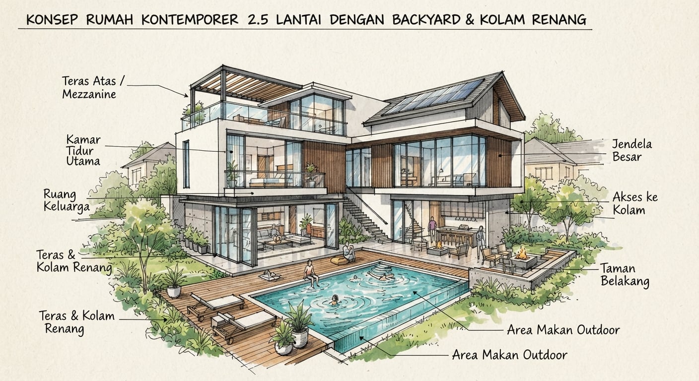 Taman belakang Rumah Kontemporer Galaxy dengan nuansa interior Contemporary dan tata ruang yang rapi.