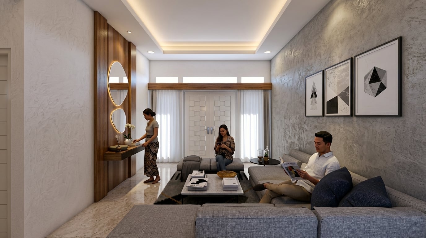 Ruang tamu RUMAH MANYAR PAK ERWAN dengan nuansa interior Minimalist dan tata ruang yang rapi.