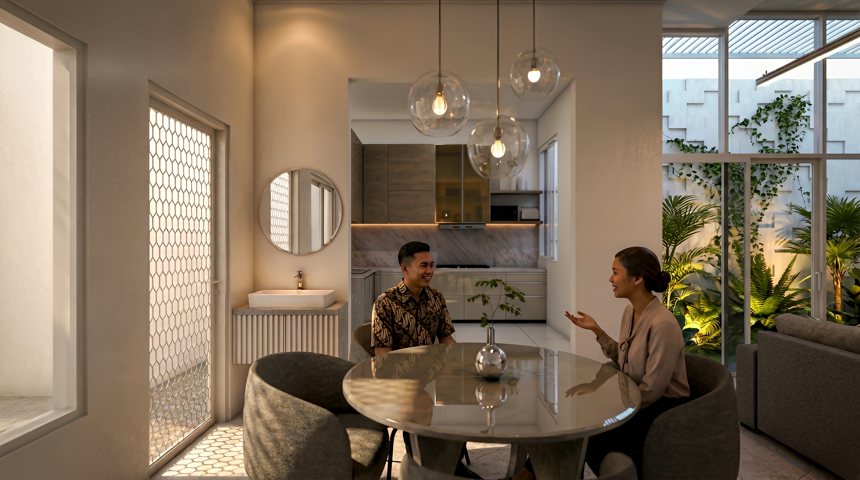Ruang makan RUMAH MANYAR PAK ERWAN dengan nuansa interior Minimalist dan tata ruang yang rapi.