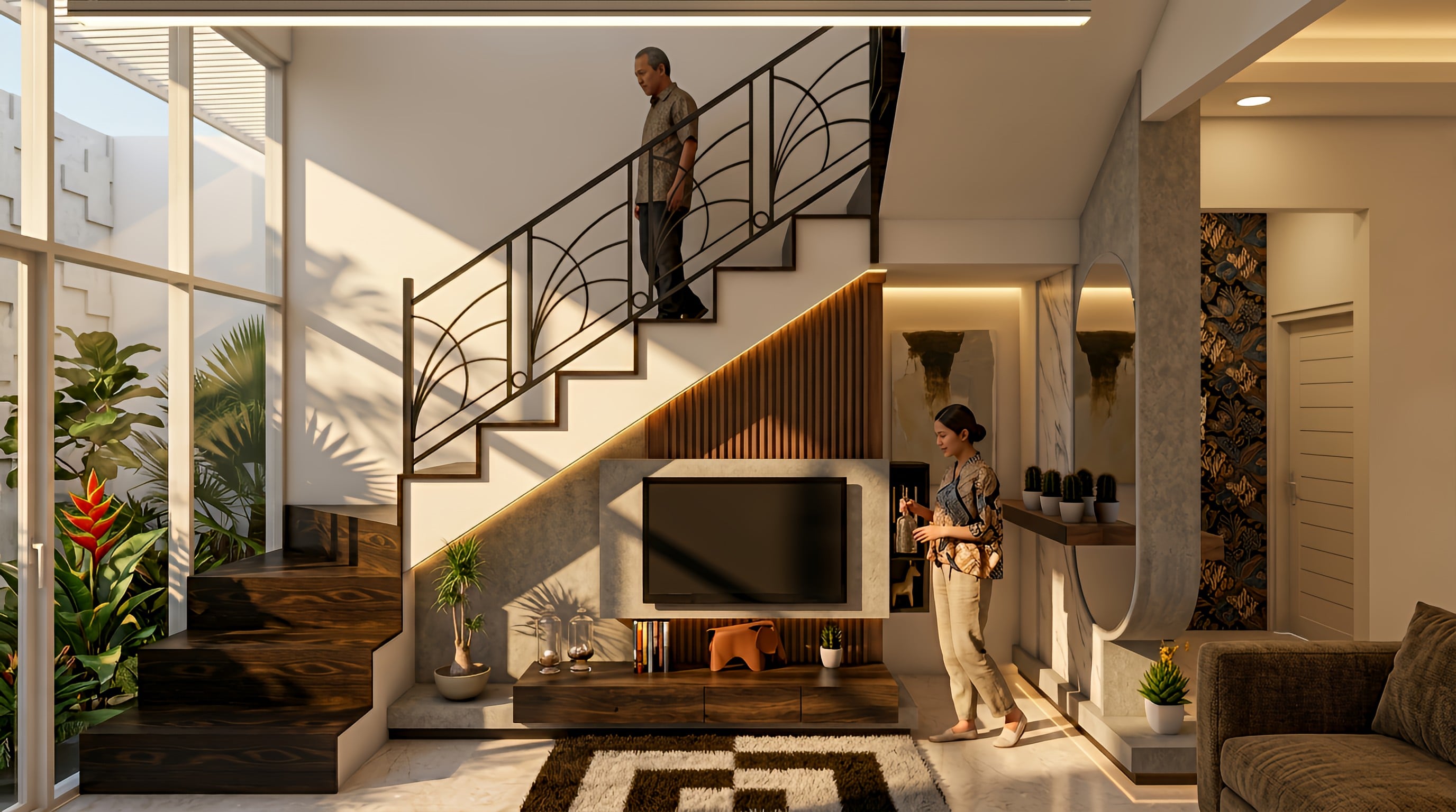 Ruang keluarga RUMAH MANYAR PAK ERWAN dengan nuansa interior Minimalist dan tata ruang yang rapi.