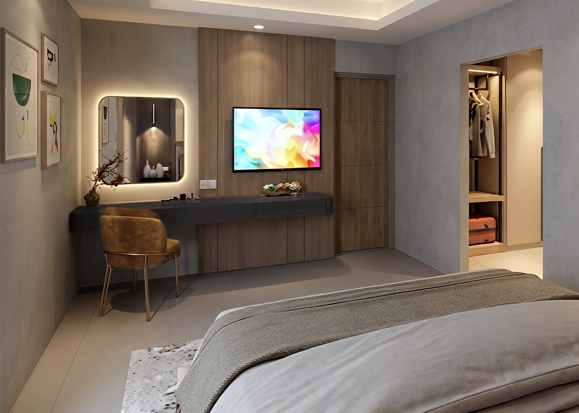 Area Kamar tidur dan Meja kerja SUITE ROOM SWISSBELL HOTEL SURABAYA dengan pendekatan interior Minimalist.