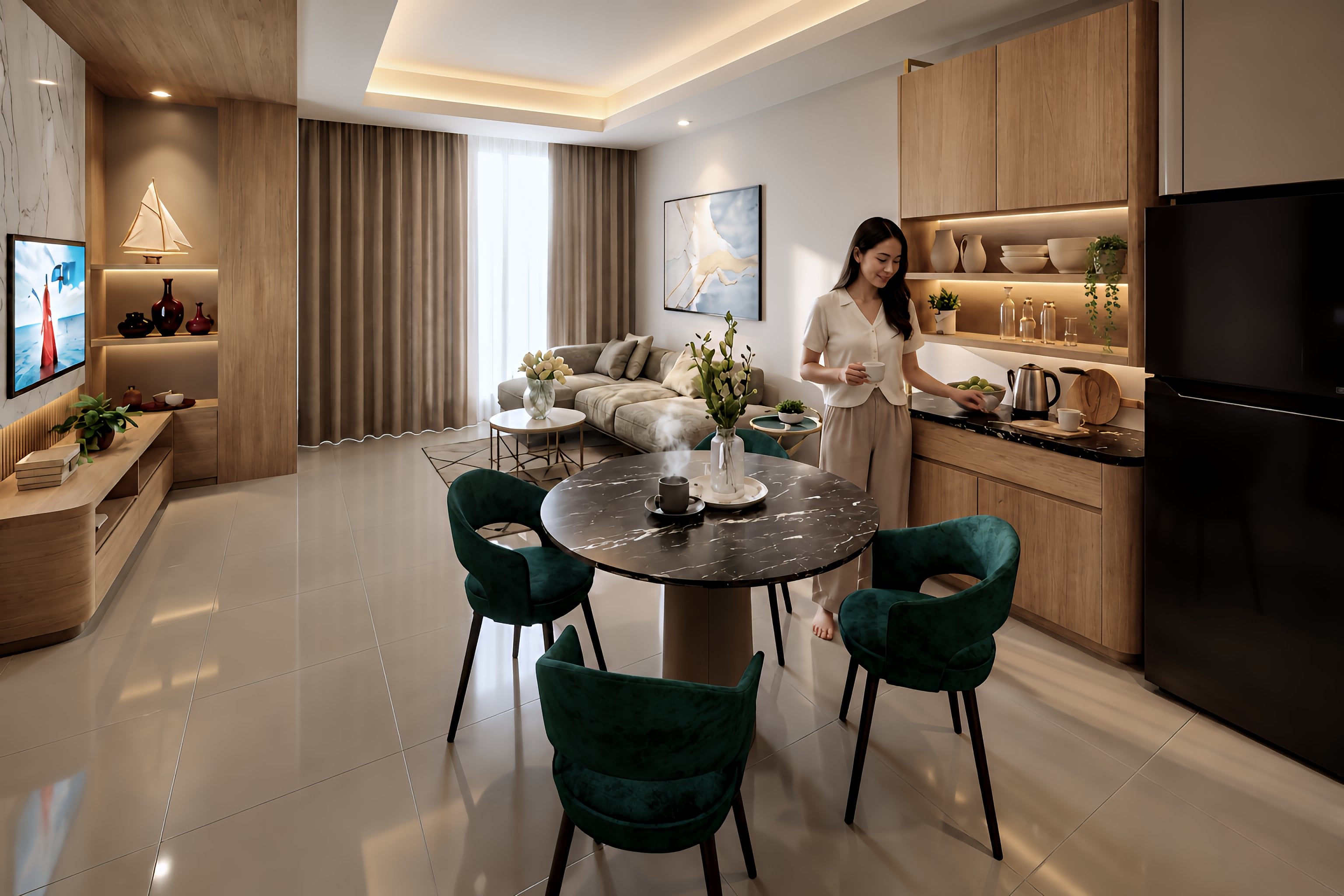 Area Ruang makan dan Pantry SUITE ROOM SWISSBELL HOTEL SURABAYA dengan pendekatan interior Minimalist.