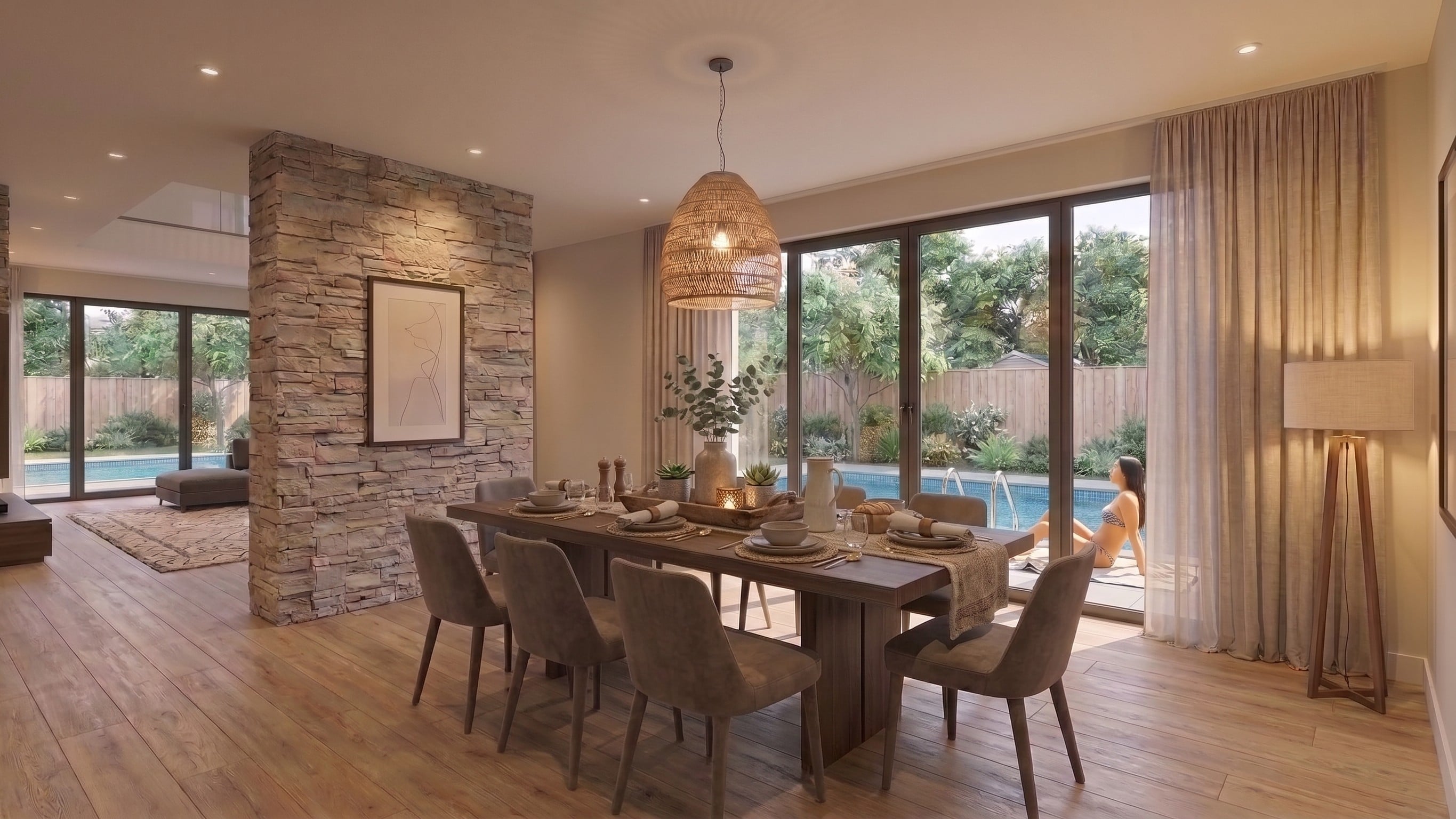 Ruang makan TAMAN DAYU RESIDENCE dengan nuansa interior Tropical dan tata ruang yang rapi.