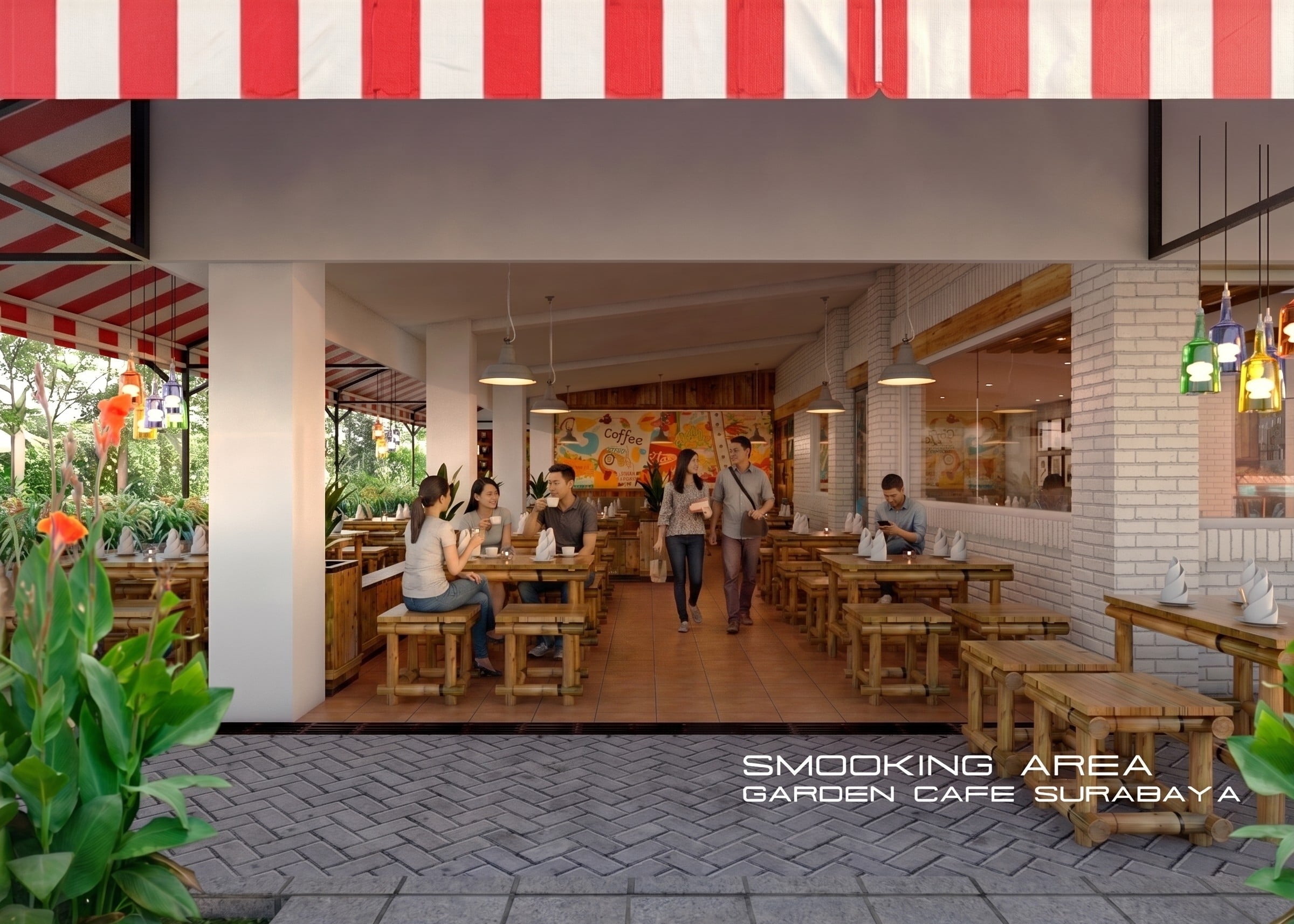 Area Area outdoor dan Smoking area VINTAGE GARDEN CAFE dengan pendekatan interior Vintage.