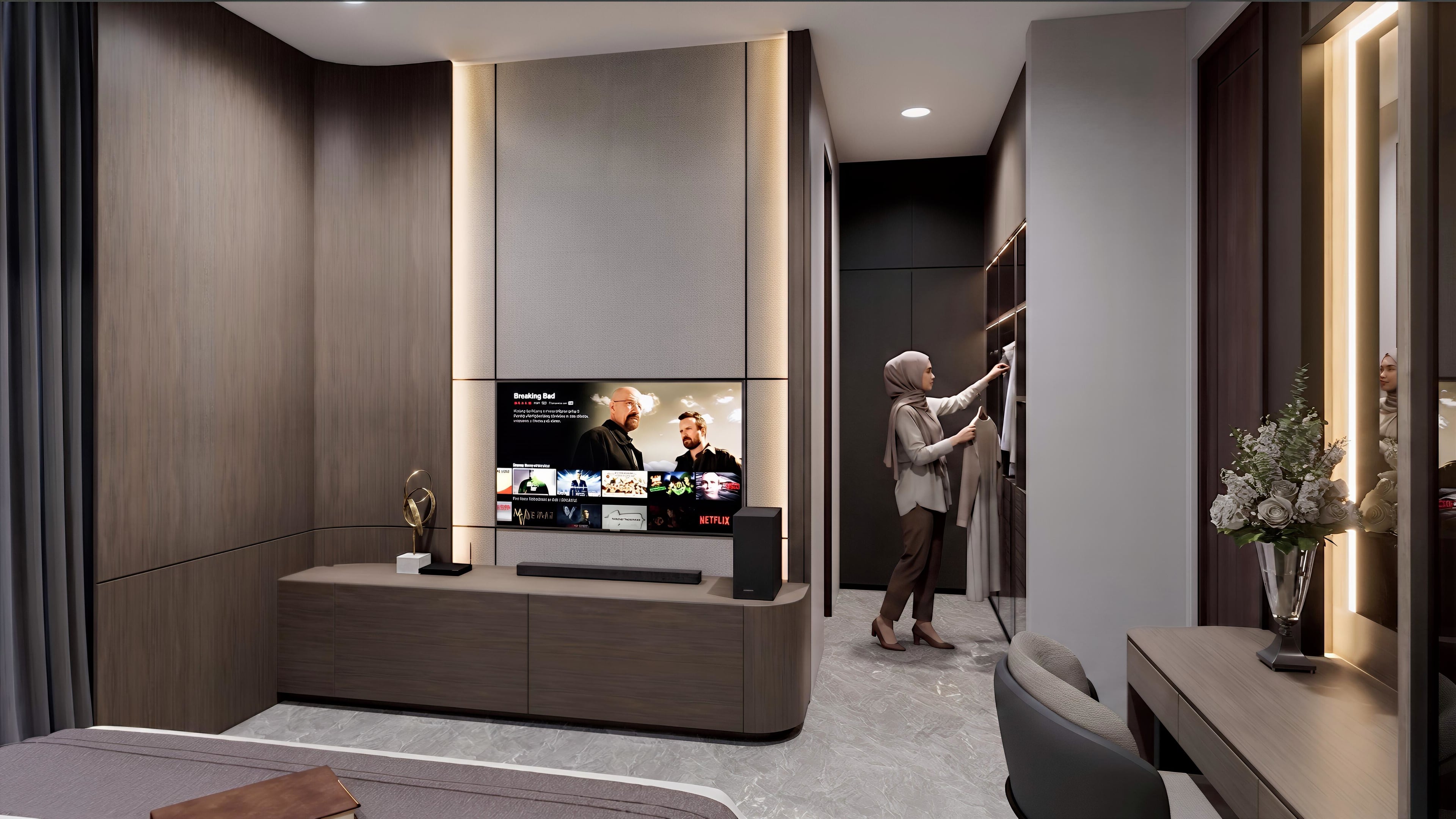 Area Kamar tidur dan Tv wall WOODLAND CITRALAND dengan pendekatan interior Minimalist.