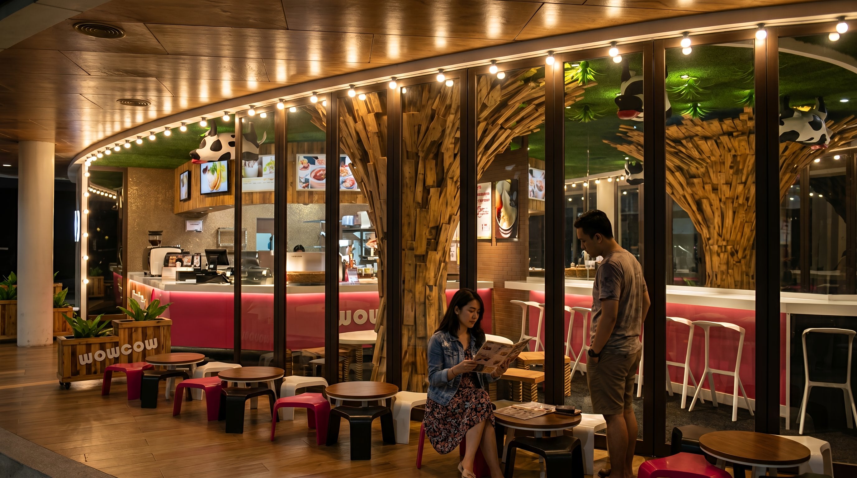 Area Area cafe dan Koridor WOWCOW CAFE BEACHWALK KUTA BALI dengan pendekatan interior Contemporary.