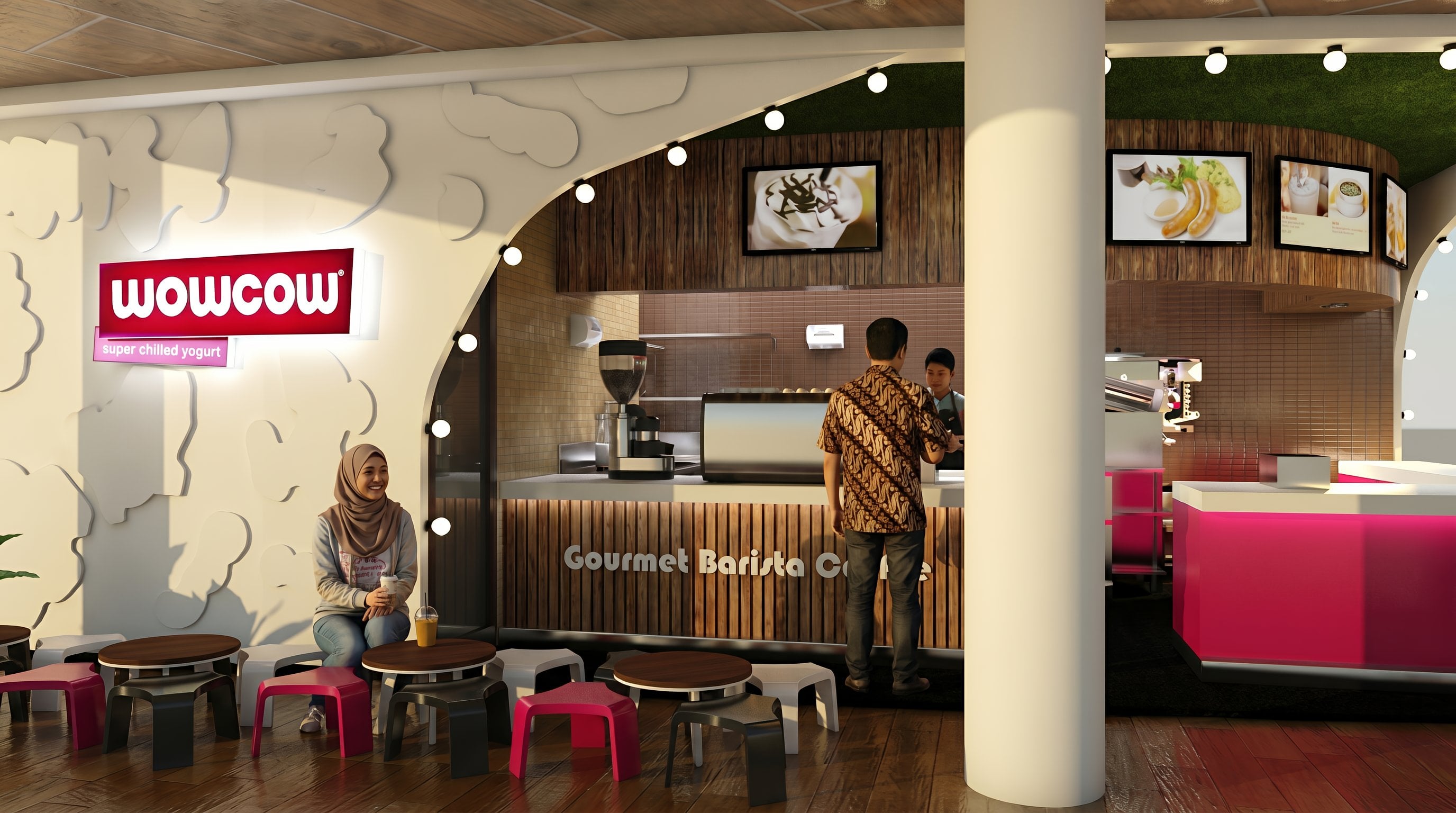 Area Area cafe dan Koridor WOWCOW CAFE BEACHWALK KUTA BALI dengan pendekatan interior Contemporary.